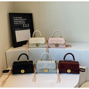 Vue détaillée de sacs carrés vintage colorés avec fermoirs dorés et pendentifs tressés