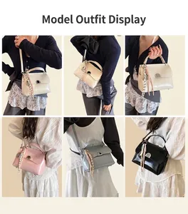 Collage of soft faux leather tote bags in four colors with decorative silk scarf handles