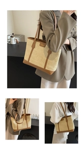 Detail of straw tote bag featuring brown leather trim and fashion brand patch