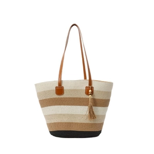 Grand sac cabas rayé en paille avec poignées en similicuir brun et glands en bois