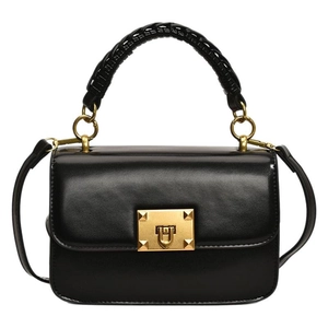 Classic black leather square handbag with woven handle and gold square buckle detail