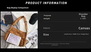 Brown canvas messenger bag with large front pockets and iPad for size comparison