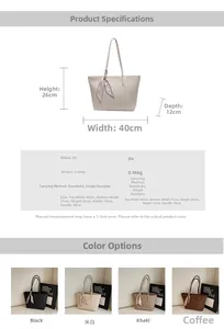 Detailed chart showing PU tote bag dimensions, weight, and multiple color options