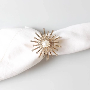Close-up of golden flower napkin ring with central pearl and sparkling rhinestones