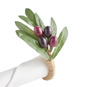 Rond de serviette artisanal en feuilles d'olivier avec baies sur anneau en corde