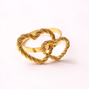 Golden double heart napkin ring with intricate twisted rope texture for romantic settings