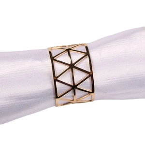 Modern gold geometric X-shaped metal napkin ring with hollow mesh design for dining decor
