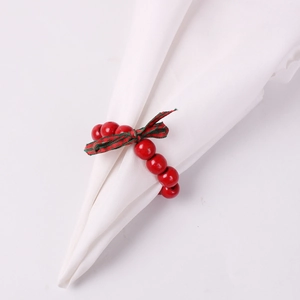 Rond de serviette de Noël en perles de bois rouges avec nœud écossais rouge et vert