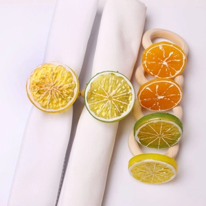 Set of 6 realistic lemon lime and orange slice napkin rings with natural wooden ring base