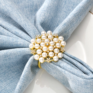 Elegant Flower Napkin Rings Gold Alloy Faux Artificial Pearl Rhinestone Cluster Table Decor For Wedding Party Banquet