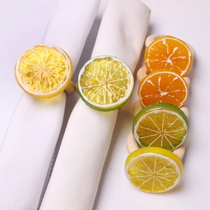 Realistic lemon slice napkin rings with wooden rings for elegant dining table decor
