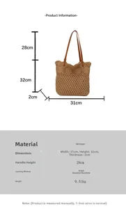 Detailed size chart for woven tote bag with dimensions 31x32x2cm and handle height 28cm