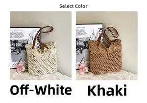 Detail of woven cotton rope tote bags in off-white and khaki with brown leather handles