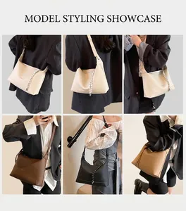 Collage of four minimalist leather shoulder bags in cream, brown, black, and khaki colors