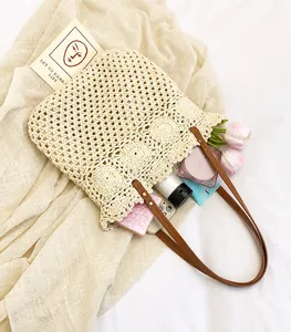 Interior view of woven tote bag showing spacious capacity for cosmetics and accessories