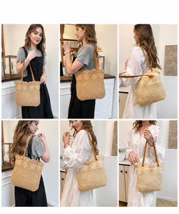 Detailed views of handwoven crochet tote bags in khaki and beige with leather handles