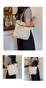Detail of woven tote bag featuring white crochet texture and brown leather straps