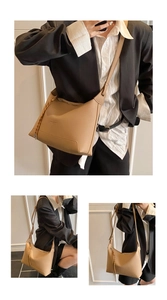 Close-up of camel litchi grain leather tote with unique woven shoulder strap details