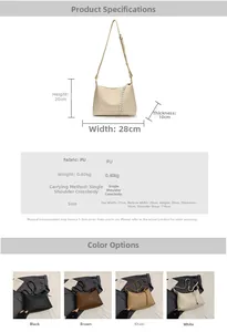 Detailed size specifications and material chart for the minimalist PU crossbody shoulder bag