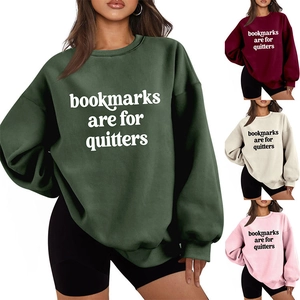 Close-up of Bookmarks Are For Quitters print on thick crewneck sweatshirt sleeves