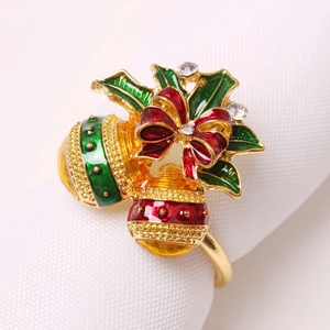 Christmas Napkin Ring Alloy Enamel Rhinestone Bell Holly Leaf Snowflake Bow Table Decoration Holiday Party