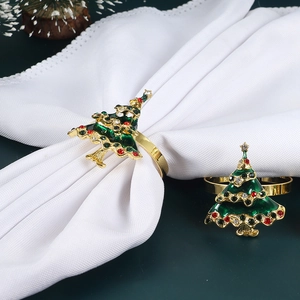 Green Enamel Christmas Tree Napkin Rings Gold Alloy Rhinestone Table Decorations For Holiday Dining Party Banquet Decor