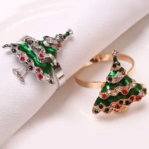 Christmas tree napkin rings with green enamel and rhinestones for festive table decor