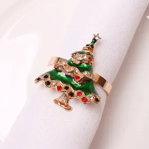 Golden Christmas tree napkin ring with green enamel and colorful rhinestones decor
