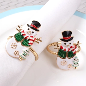 Detail view of snowman napkin rings with colorful enamel and gold-tone metal base