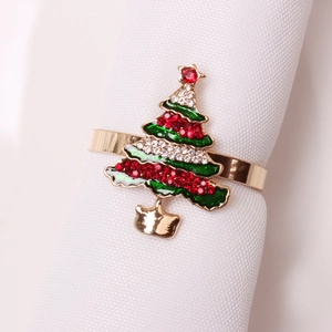 Golden Christmas tree napkin ring with green enamel and sparkling rhinestones for table decor