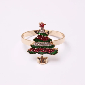 Golden Christmas tree napkin ring with green enamel and sparkling crystal accents