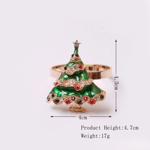 Golden Christmas tree napkin ring with green enamel and colorful rhinestones decor