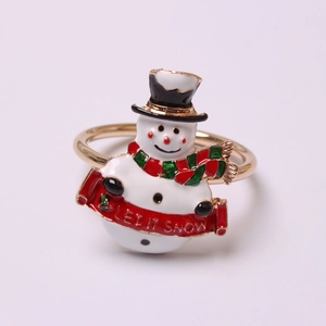 Close-up of snowman napkin ring with Let It Snow banner and festive plaid scarf
