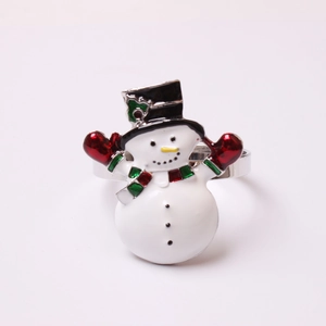 Christmas snowman napkin ring with vibrant red and green enamel details on a silver metal band