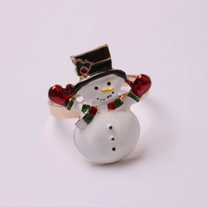 Detailed view of an enamel Christmas snowman napkin ring with red mittens and top hat