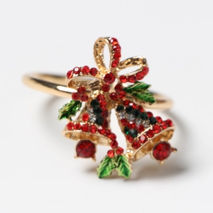 Weihnachts-Serviettenring aus Gold mit rot-grünen Strass-Doppelglocken und Schleifendetail