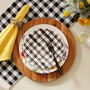 Detailed top view of ceramic plates featuring wildflower patterns and plaid designs