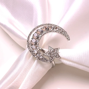 Star and crescent moon napkin ring with silver finish and sparkling rhinestones