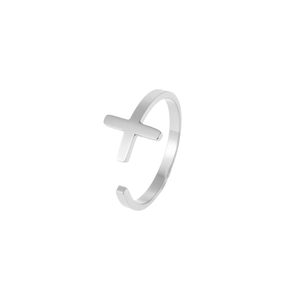 Minimalist silver-toned stainless steel cross open ring with polished metallic finish