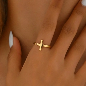 Cross Ring Stainless Steel 18K Gold Plated Adjustable Open Retro Hip Hop Minimalist Jewelry Unisex