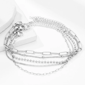 Minimalist 5-piece silver stainless steel bracelet set with Figaro and bead chains