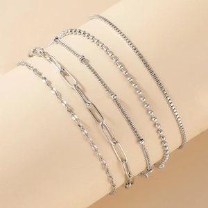 5-piece silver stainless steel bracelet set featuring Figaro and paperclip chain designs