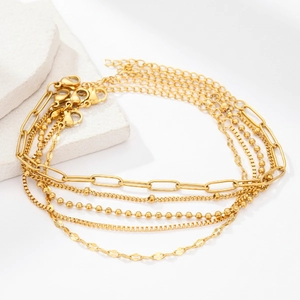Detailed set of 5 gold-tone stainless steel chains including paperclip and bead styles