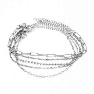 5-piece silver stainless steel bracelet set featuring Figaro and paperclip chain styles
