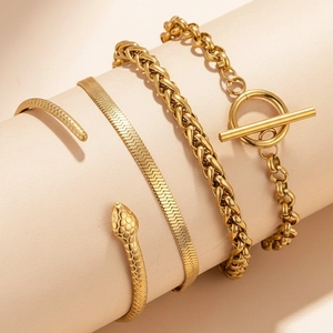 4-piece gold stainless steel jewelry set with snake bangle and OT buckle snake bone chain