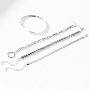 4-piece silver stainless steel jewelry set featuring OT buckle snake chain and open bangle