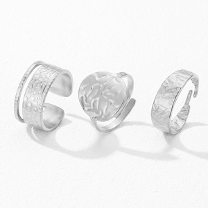 Three-piece silver irregular hammered texture stainless steel open rings for women