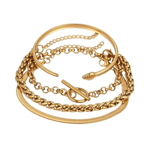 Gold stainless steel jewelry set featuring a snake motif ring and multi-layered chains