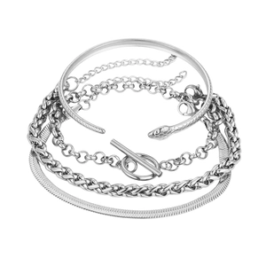 Detail of silver stainless steel jewelry set with snake bangle and OT clasp chain