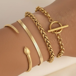Snake Head Cuff Herringbone Wheat Round Link Chain Stainless Steel Bracelet Fashion Jewelry Accessory